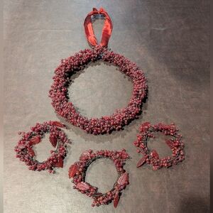 Pottery Barn Red Glass Pepperberry Wreath and Matching Candle Rings. 
